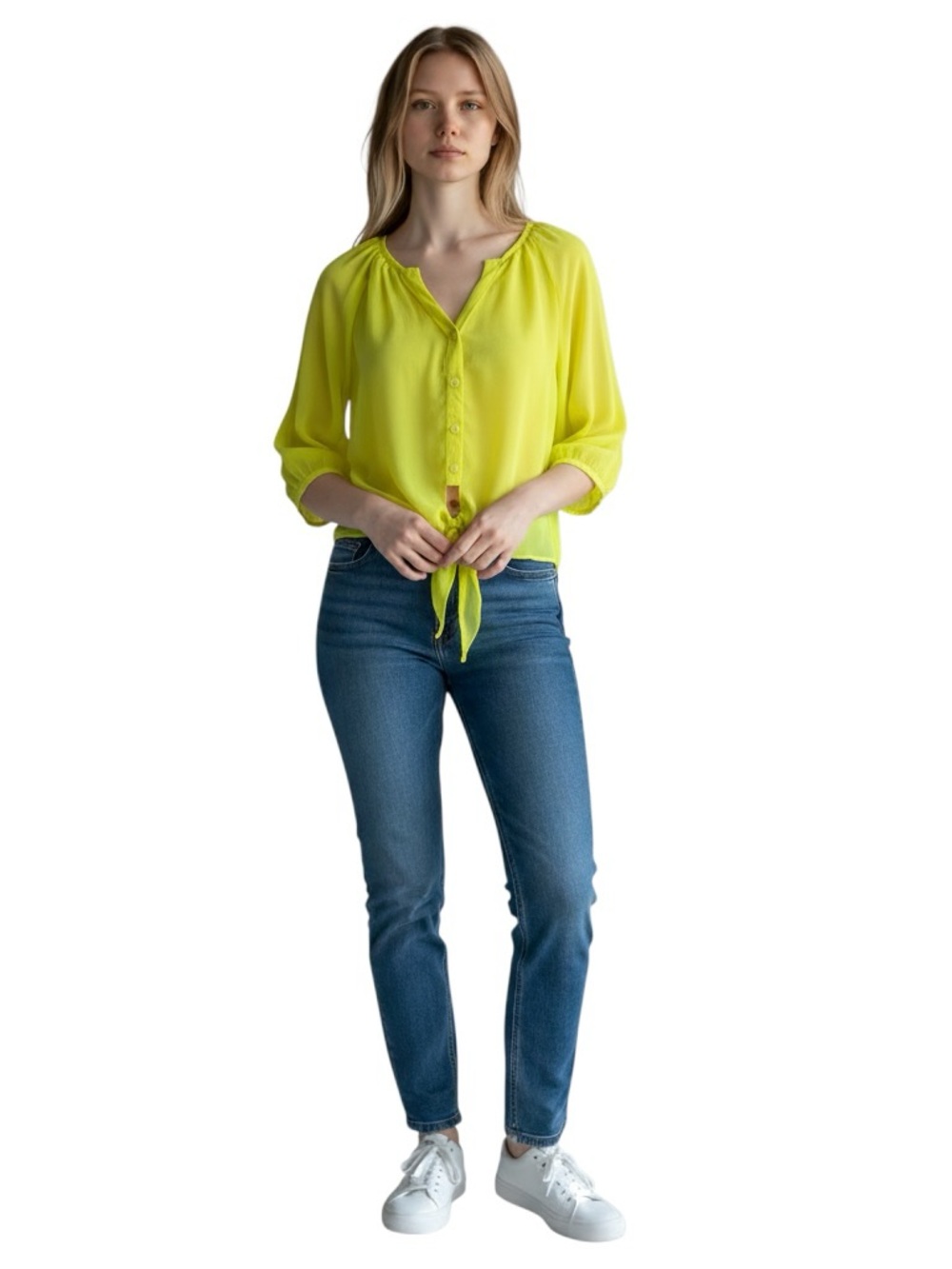 Tie-Front Women's Button-Up Blouse in Yellow Size Small